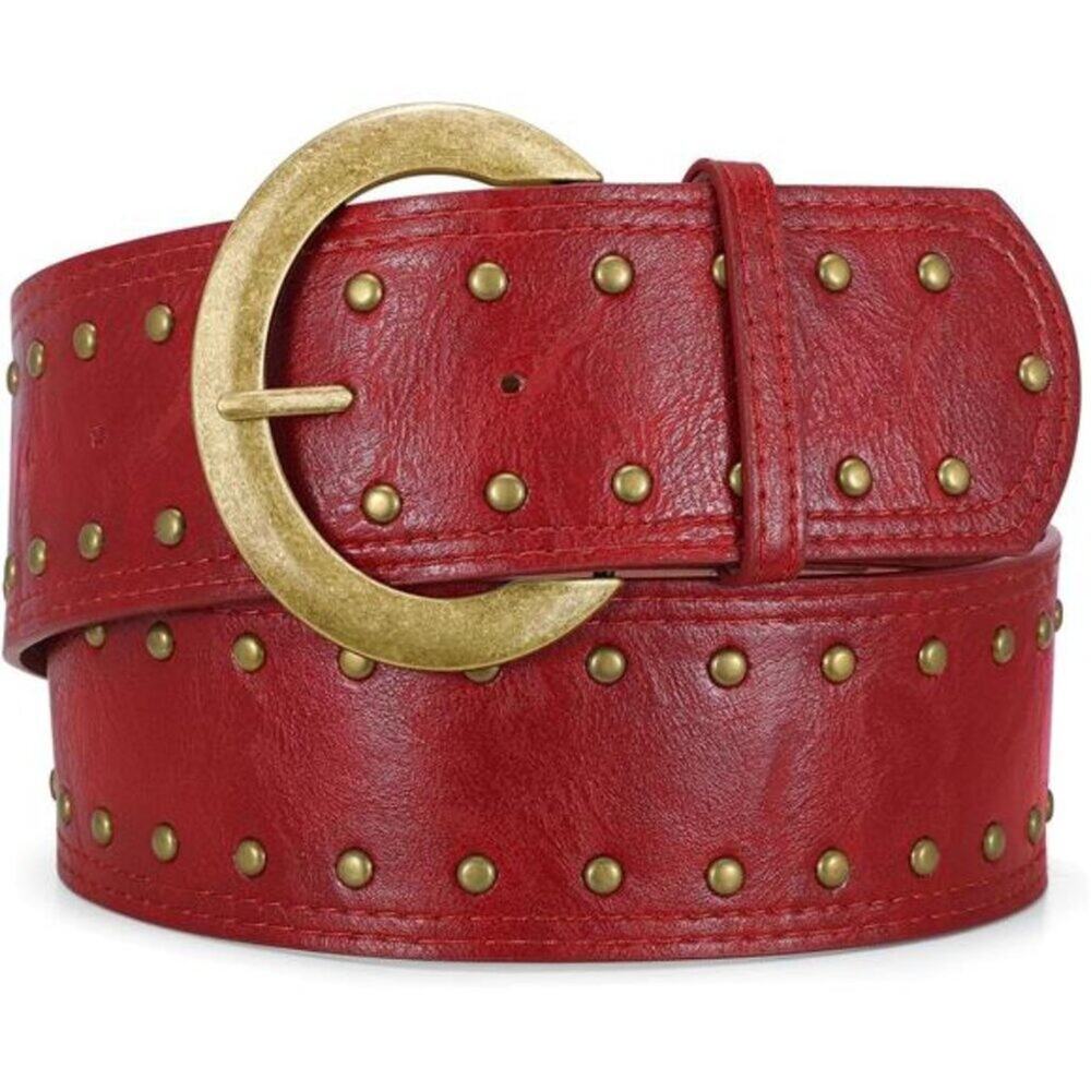 Wide Chunky Red Leather Belts for Women 2.3" Western Vintage Studded Thick Waist